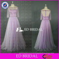 ED Bridal Elegant Bateau Neck Meia manga com bainha com contas Long Light Purple Tulle Prom Dress 2017